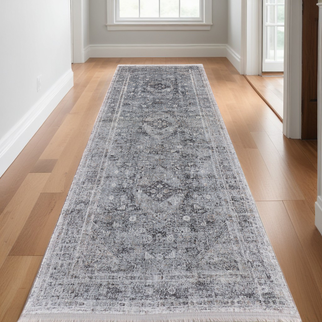 12" Gray and Silver Oriental Power Loom Worn Faded Runner Rug