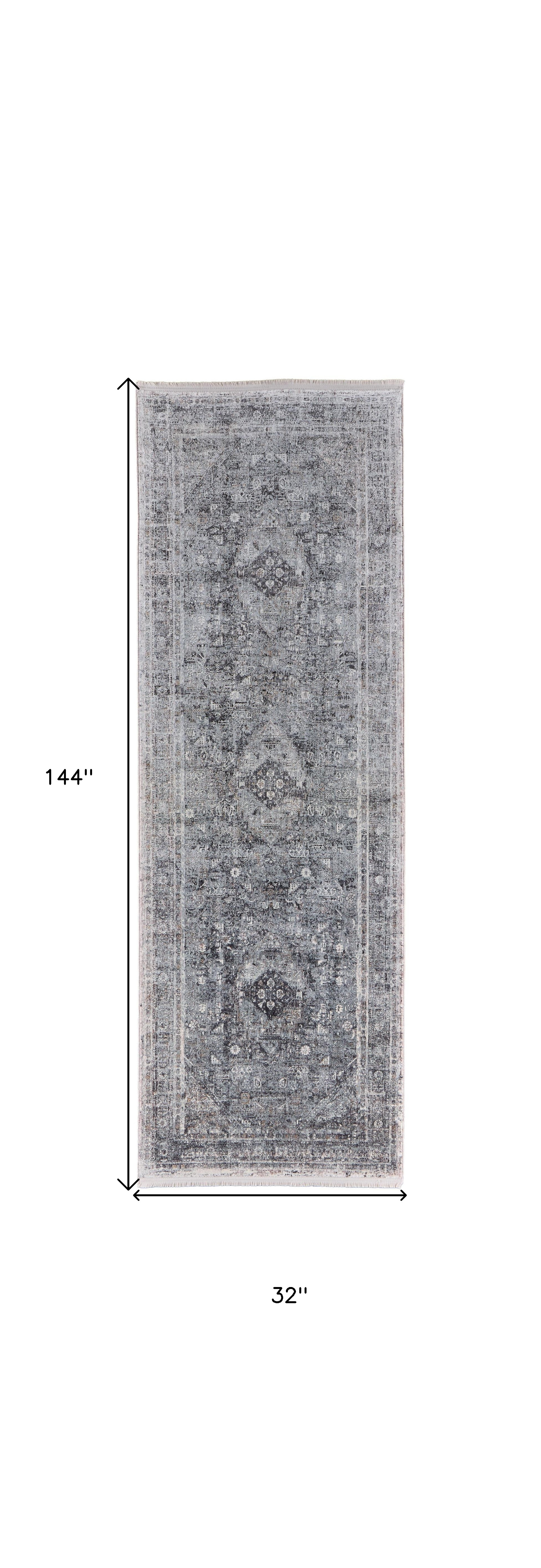 12" Gray and Silver Oriental Power Loom Worn Faded Runner Rug