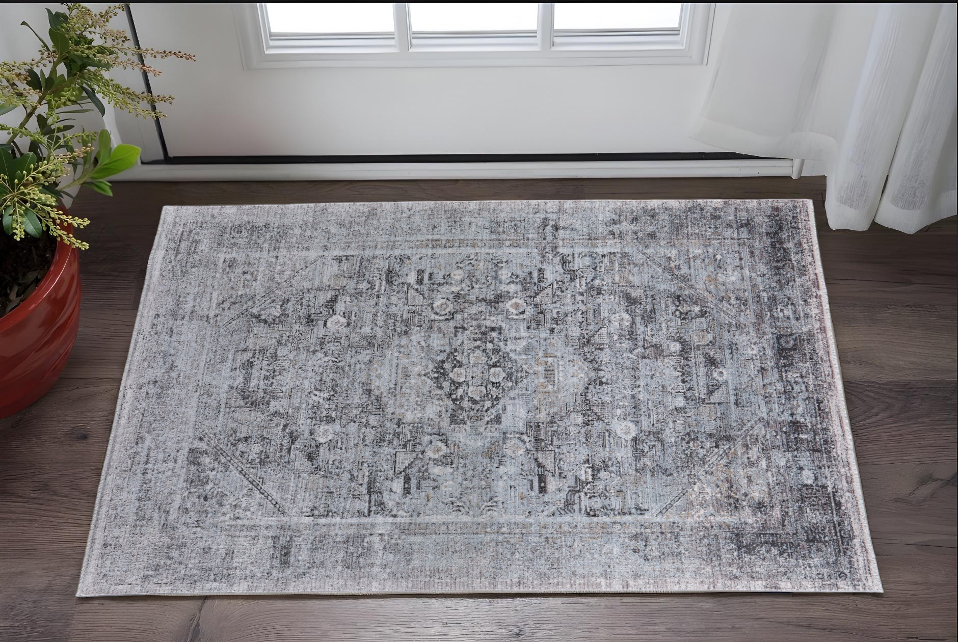 2" X 3" Gray and Silver Oriental Power Loom Worn Faded Area Rug
