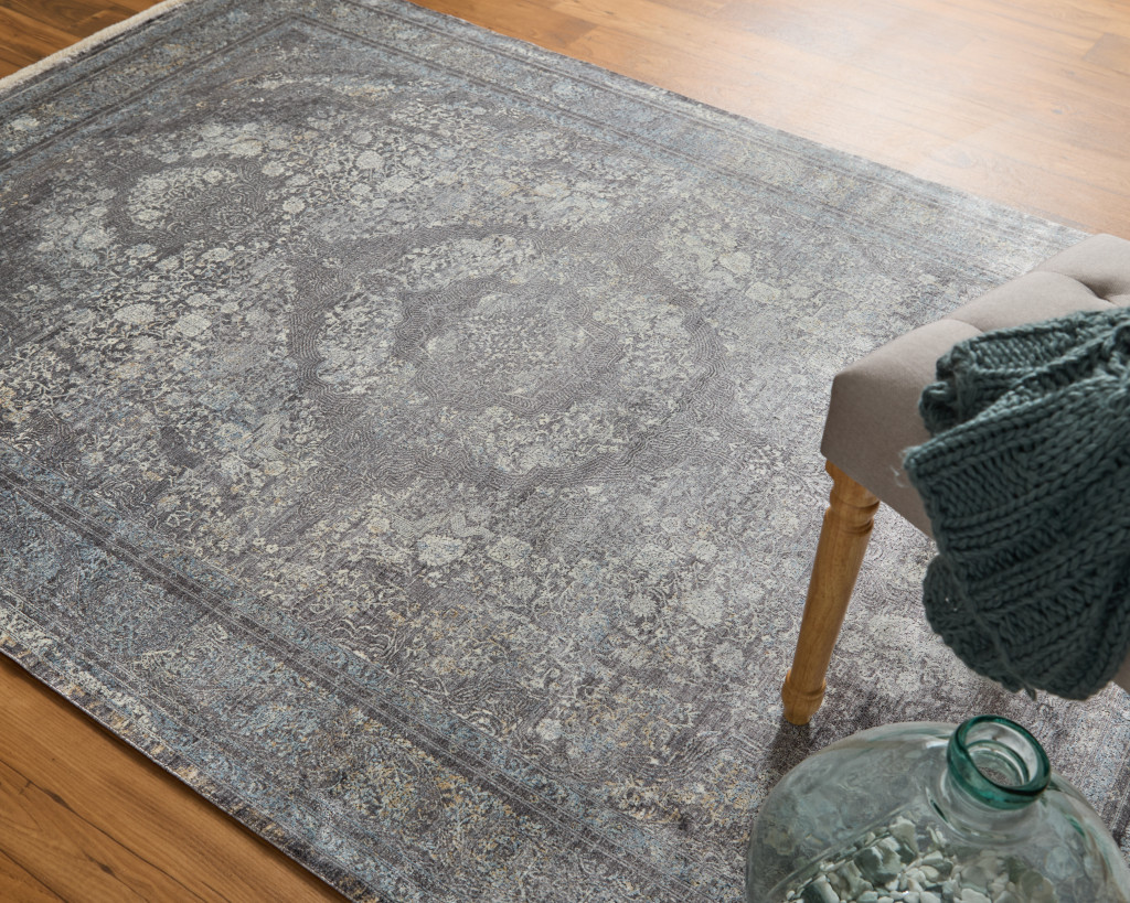 4" X 5" Gray and Silver Oriental Power Loom Worn Faded Area Rug