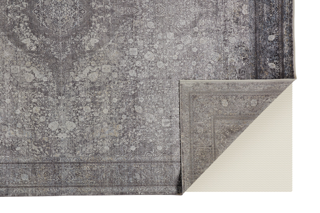 7" X 10" Gray and Silver Oriental Power Loom Worn Faded Area Rug