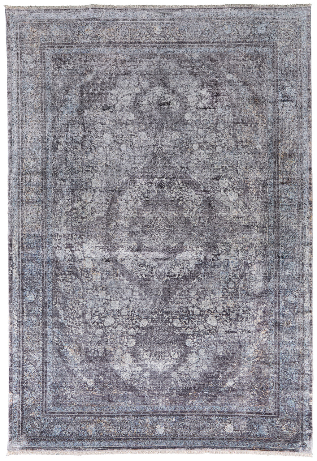 7" X 10" Gray and Silver Oriental Power Loom Worn Faded Area Rug