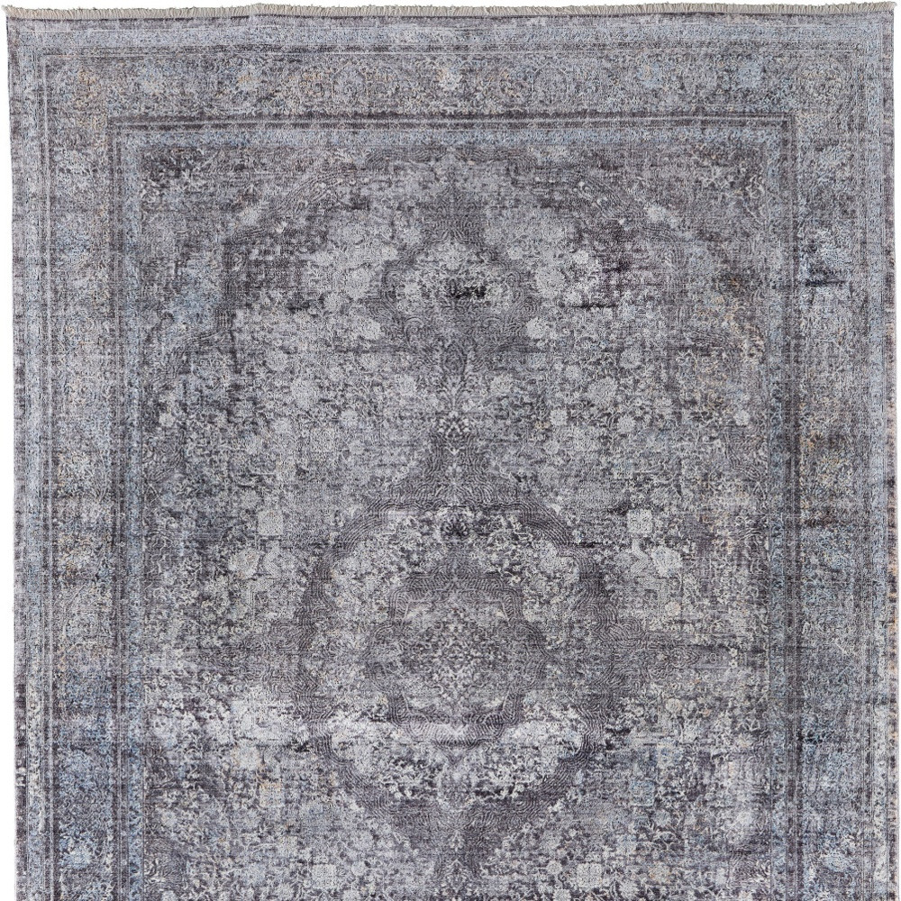 7" X 10" Gray and Silver Oriental Power Loom Worn Faded Area Rug