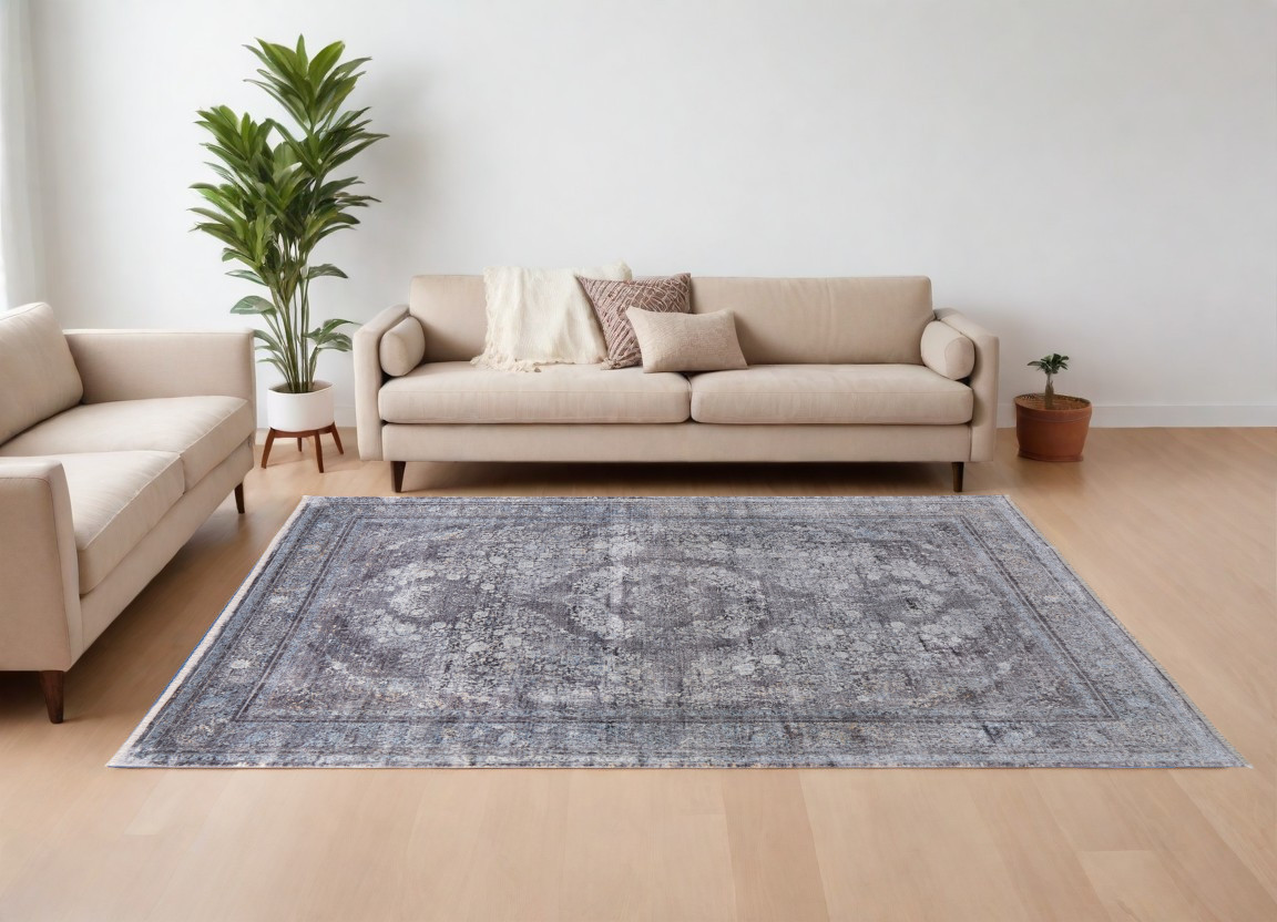 7" X 10" Gray and Silver Oriental Power Loom Worn Faded Area Rug