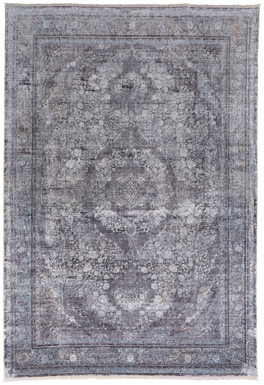 7" X 10" Gray and Silver Oriental Power Loom Worn Faded Area Rug