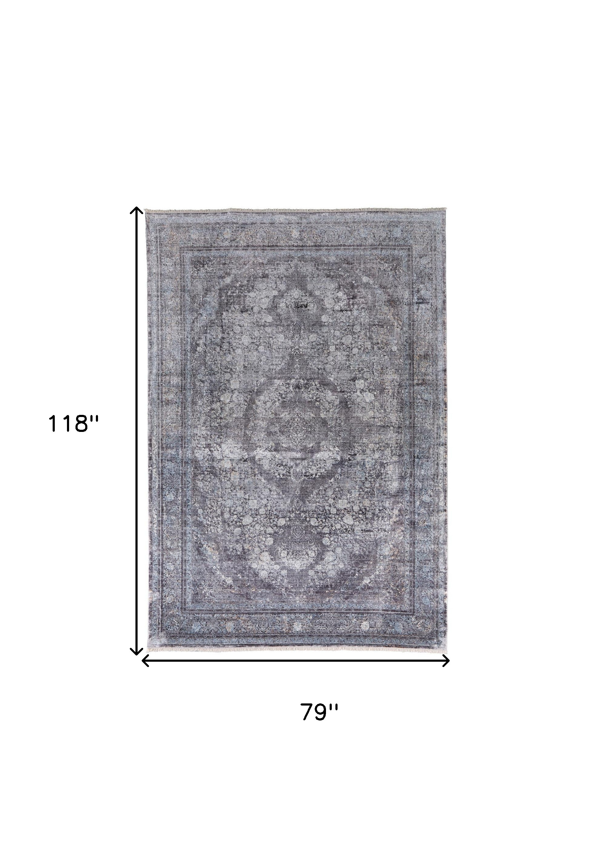7" X 10" Gray and Silver Oriental Power Loom Worn Faded Area Rug