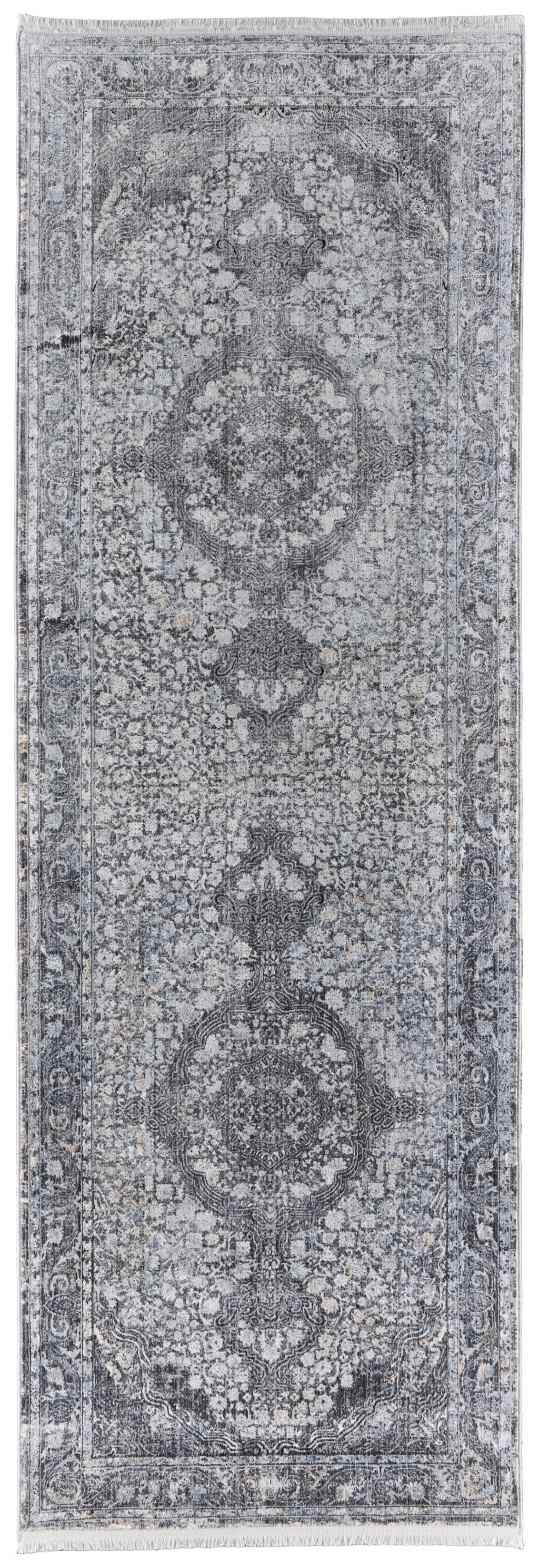 8" Gray and Silver Oriental Power Loom Worn Faded Runner Rug