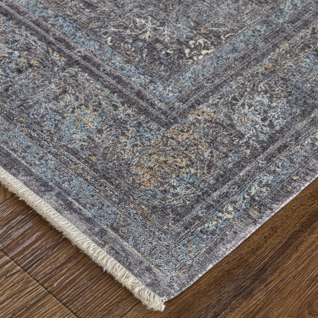 8" Gray and Silver Oriental Power Loom Worn Faded Runner Rug