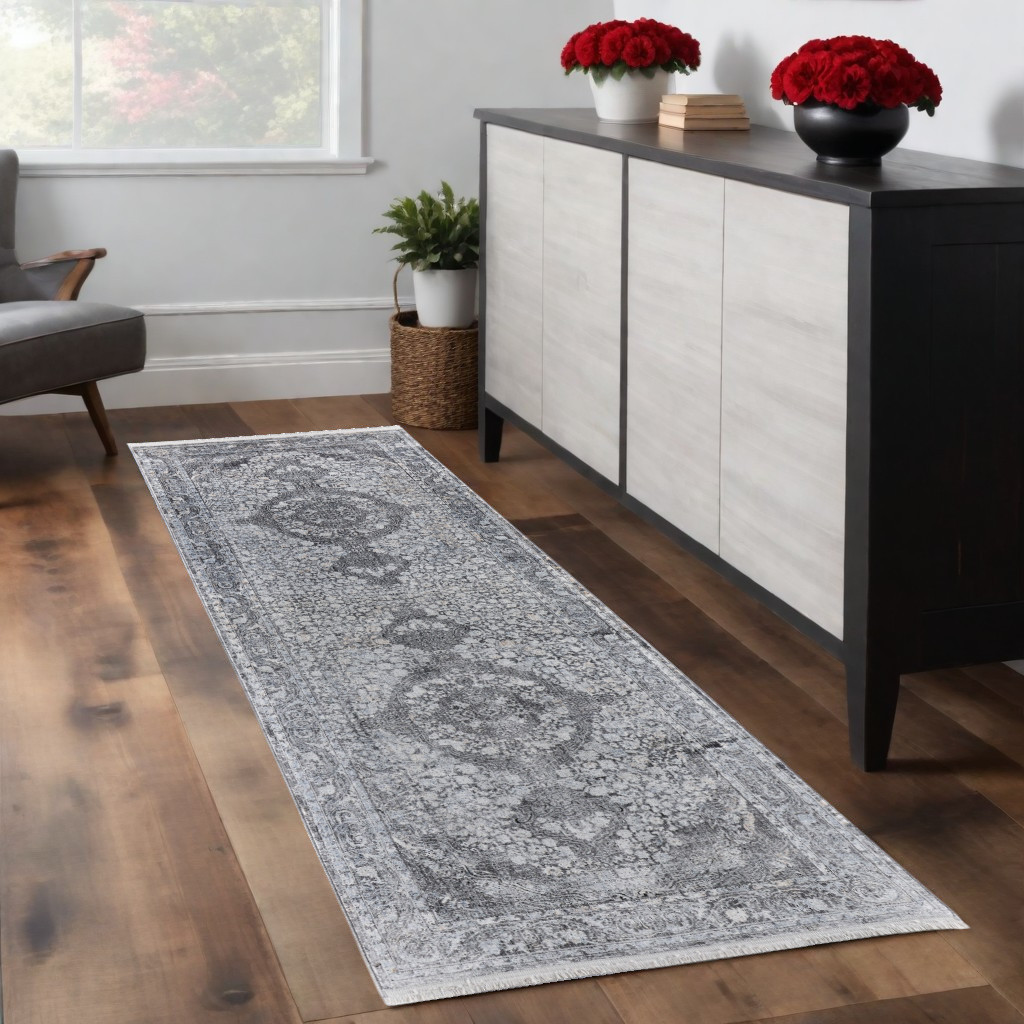 8" Gray and Silver Oriental Power Loom Worn Faded Runner Rug
