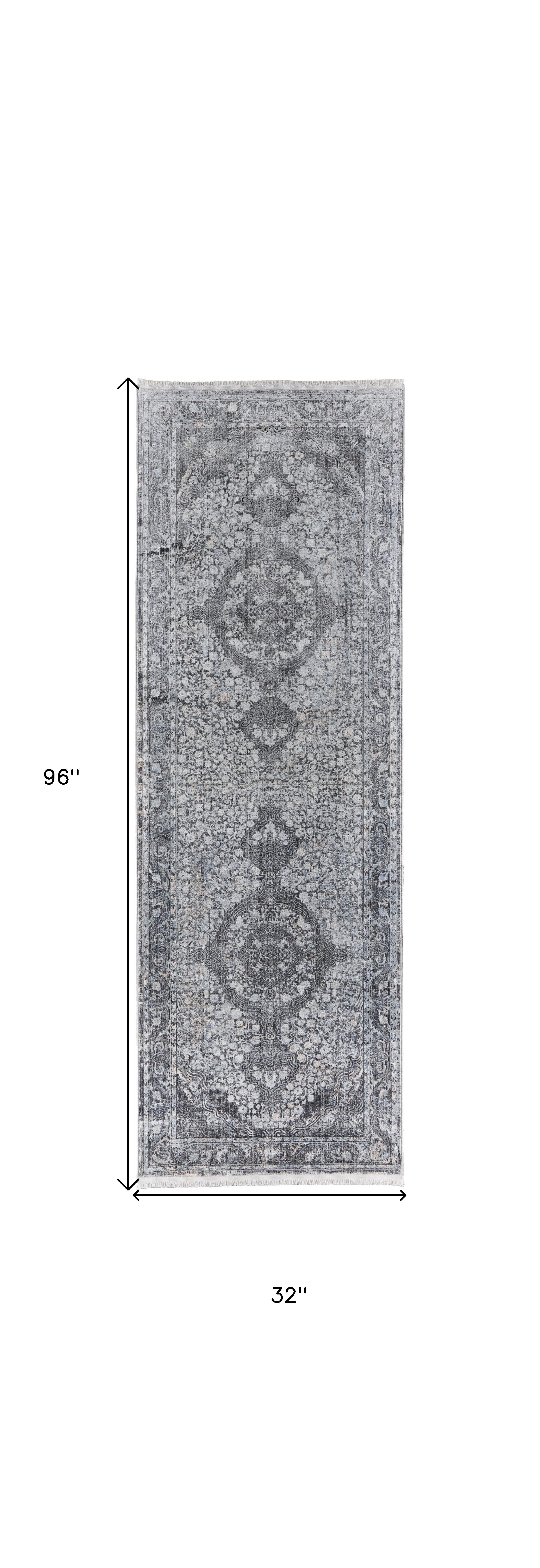 8" Gray and Silver Oriental Power Loom Worn Faded Runner Rug
