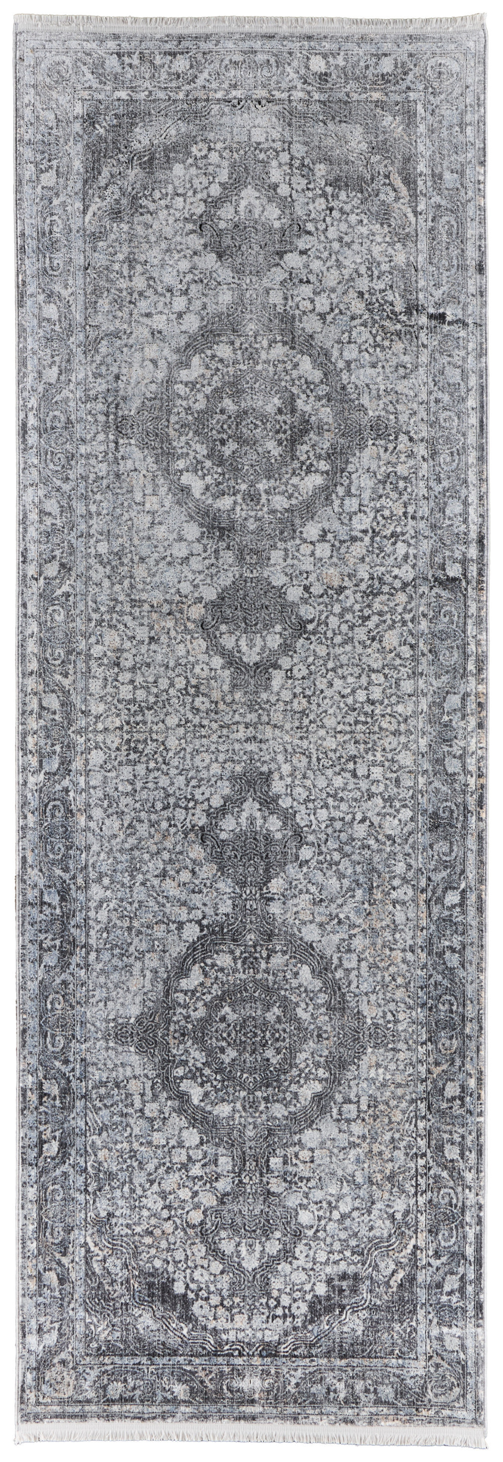 8" Gray and Silver Oriental Power Loom Worn Faded Runner Rug