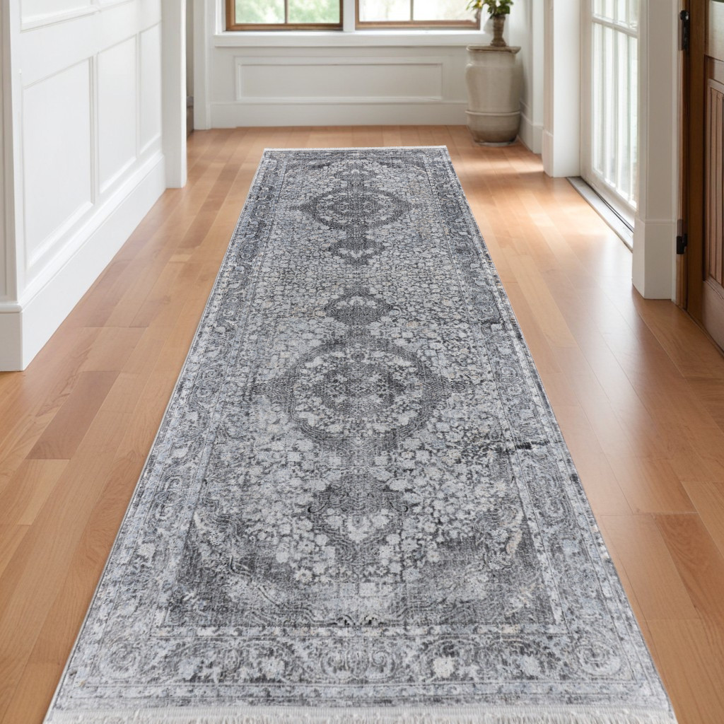 12" Gray and Silver Oriental Power Loom Worn Faded Runner Rug