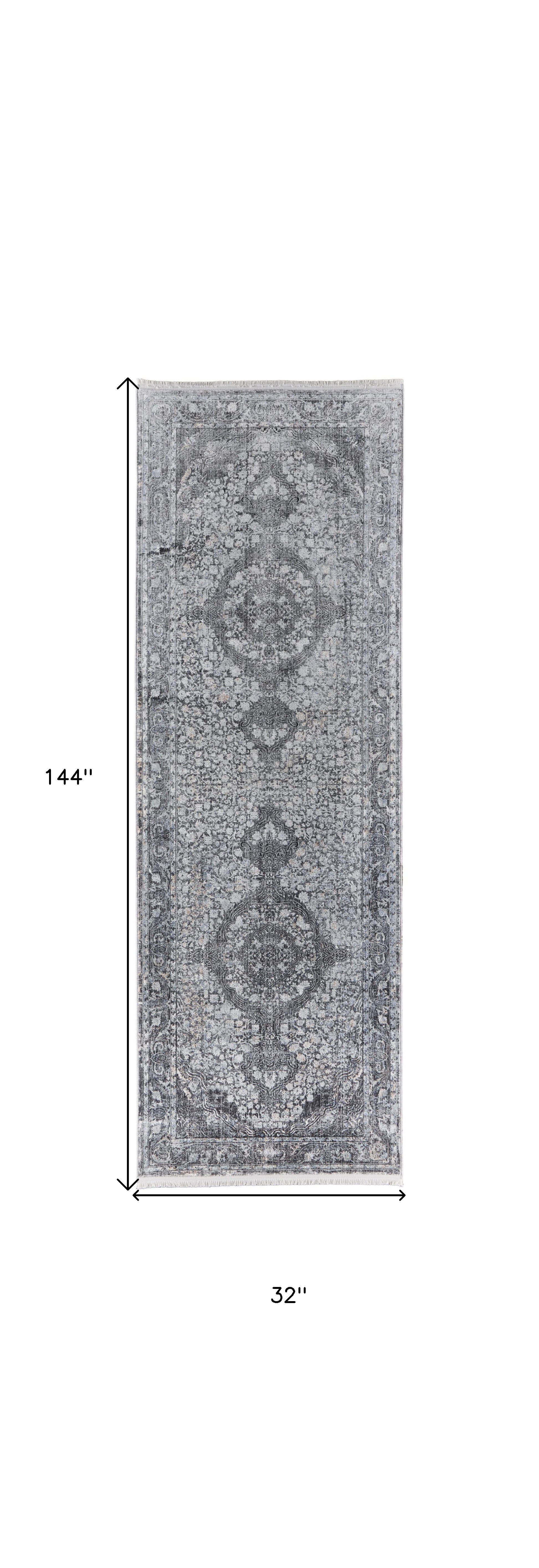 12" Gray and Silver Oriental Power Loom Worn Faded Runner Rug