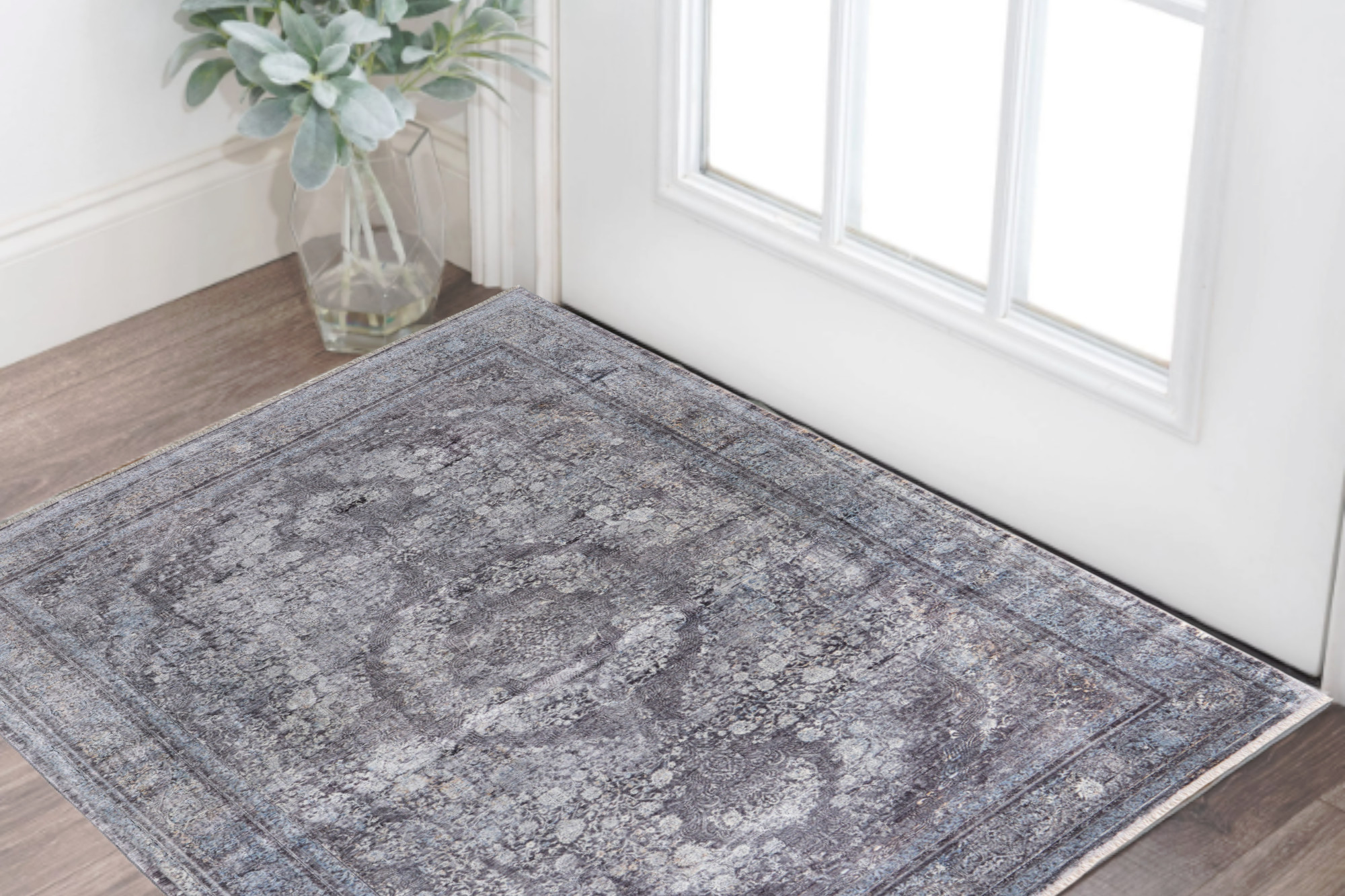 2" X 3" Gray and Silver Oriental Power Loom Worn Faded Area Rug