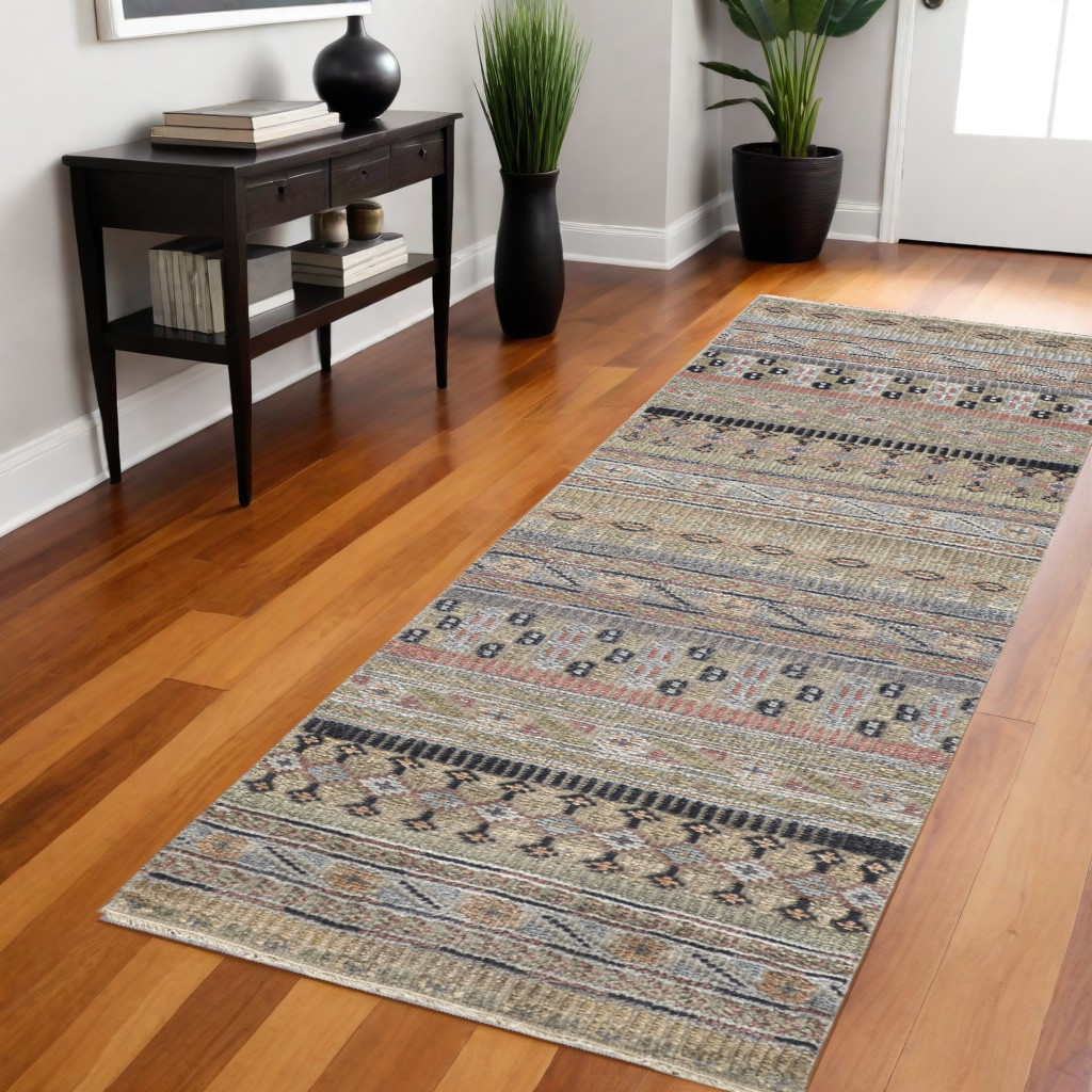8' Tan Blue and Orange Striped Hand Knotted Runner Rug-566399-1