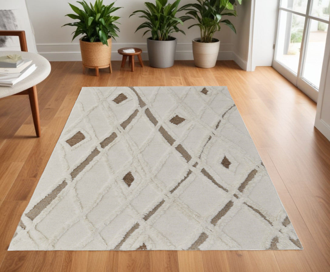 4" X 6" Ivory Taupe and Brown Wool Geometric Hand Tufted Area Rug