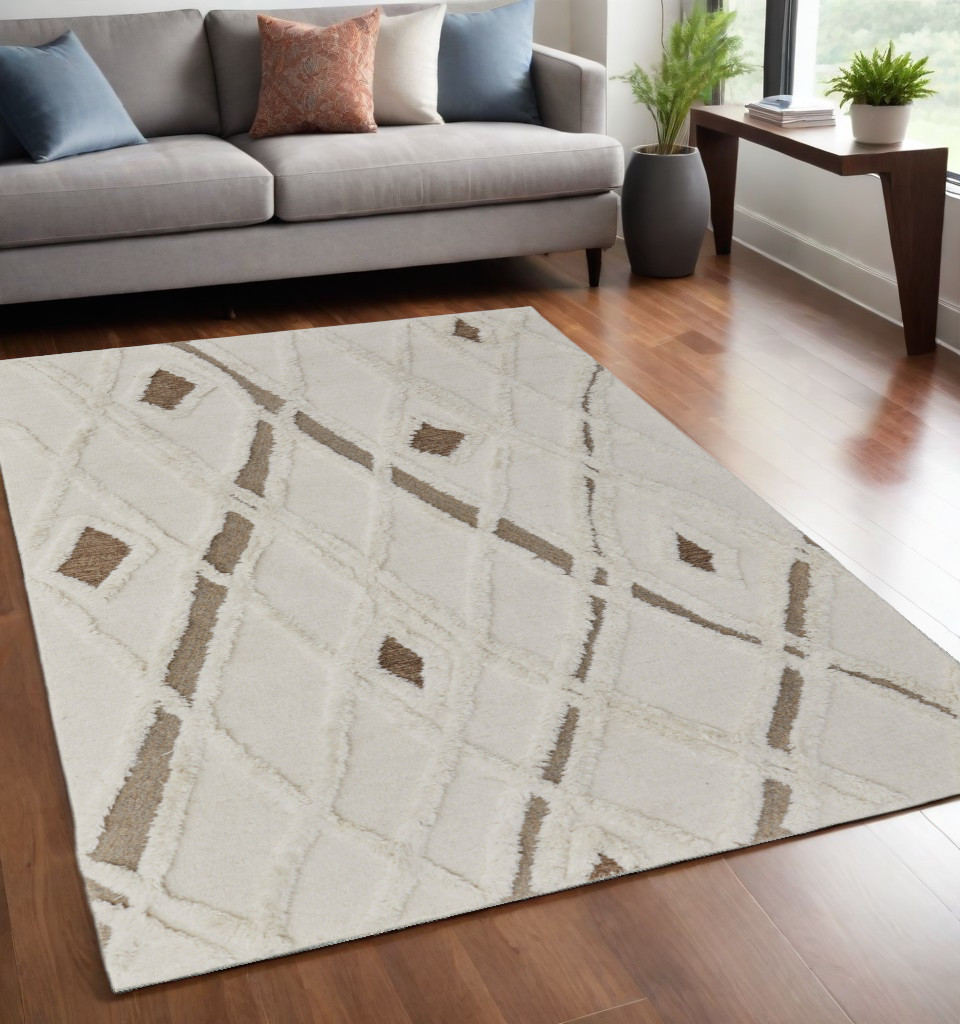 5" X 8" Ivory Taupe and Brown Wool Geometric Hand Tufted Area Rug