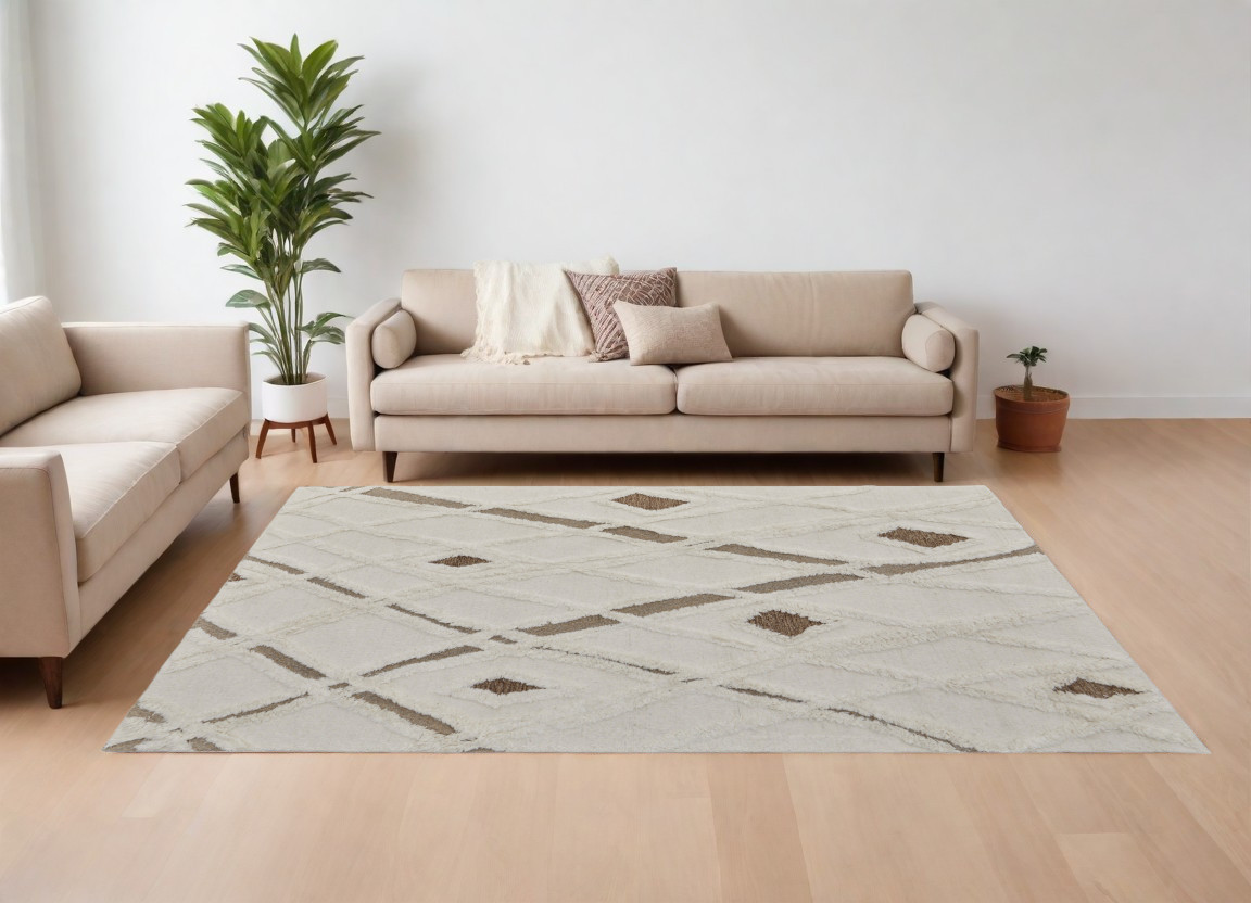 8" X 10" Ivory Taupe and Brown Wool Geometric Hand Tufted Area Rug