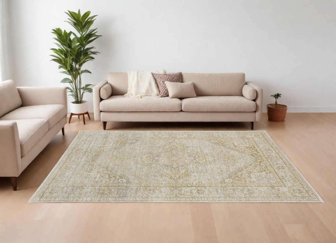 8" X 10" Ivory and Gold Oriental Power Loom Area Rug