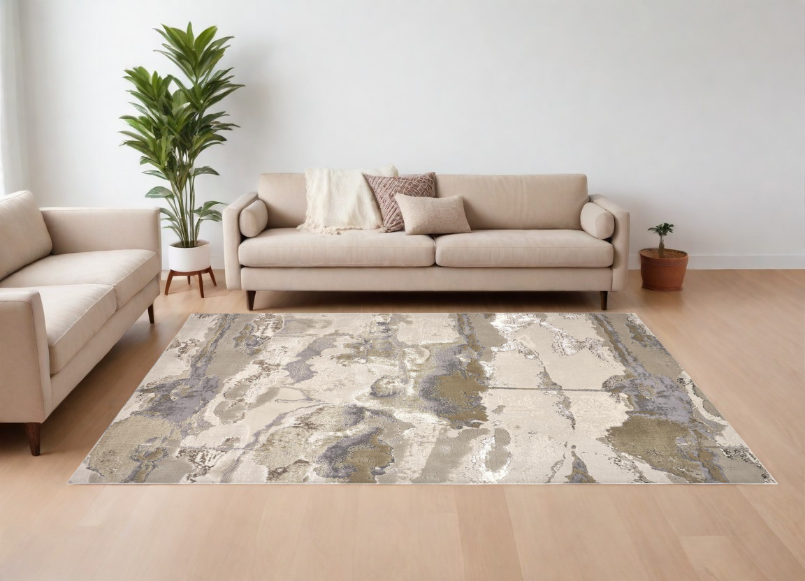 8" X 10" Ivory Brown and Gray Abstract Power Loom Area Rug