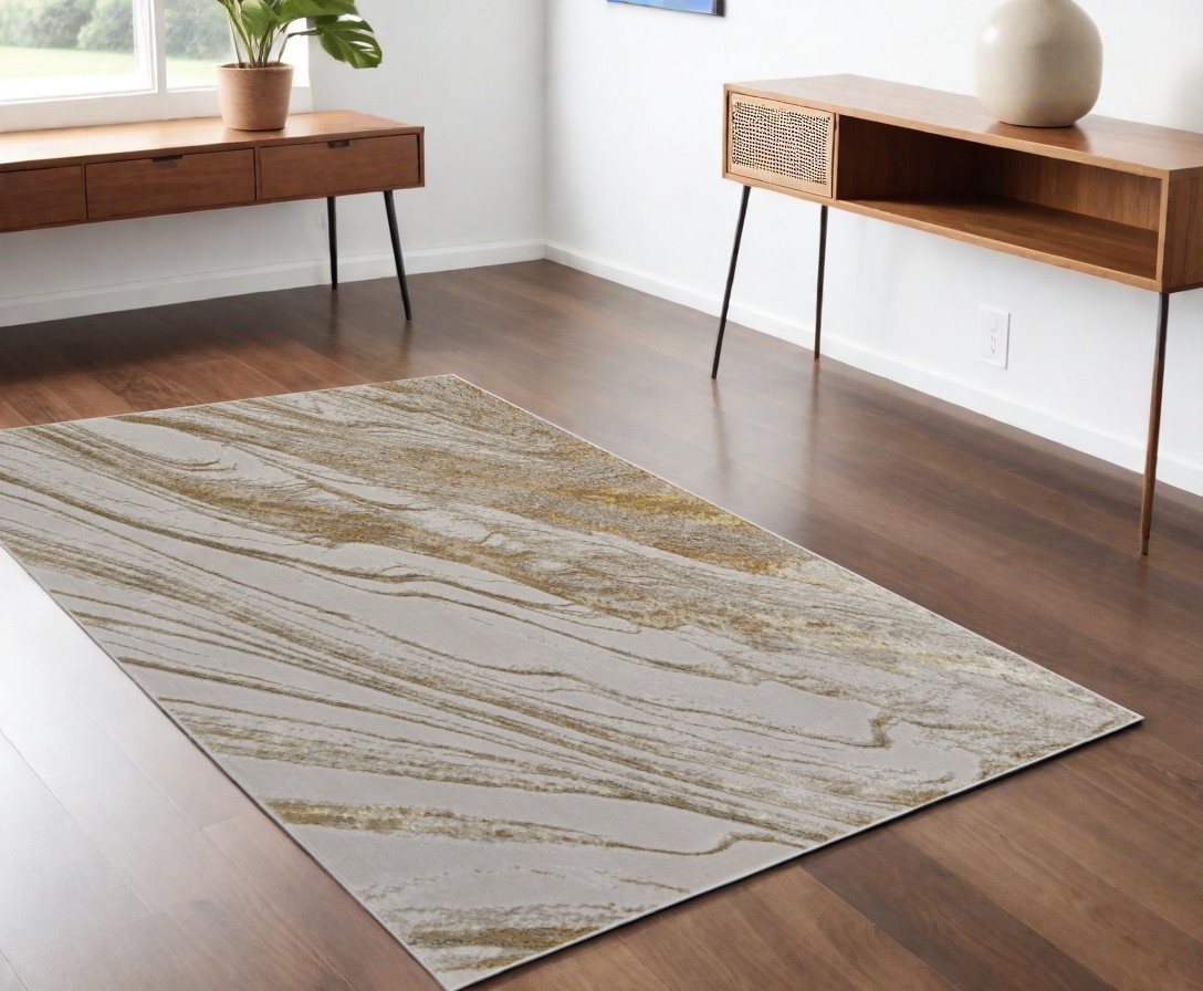 4" X 6" Ivory Brown and Gold Abstract Power Loom Area Rug