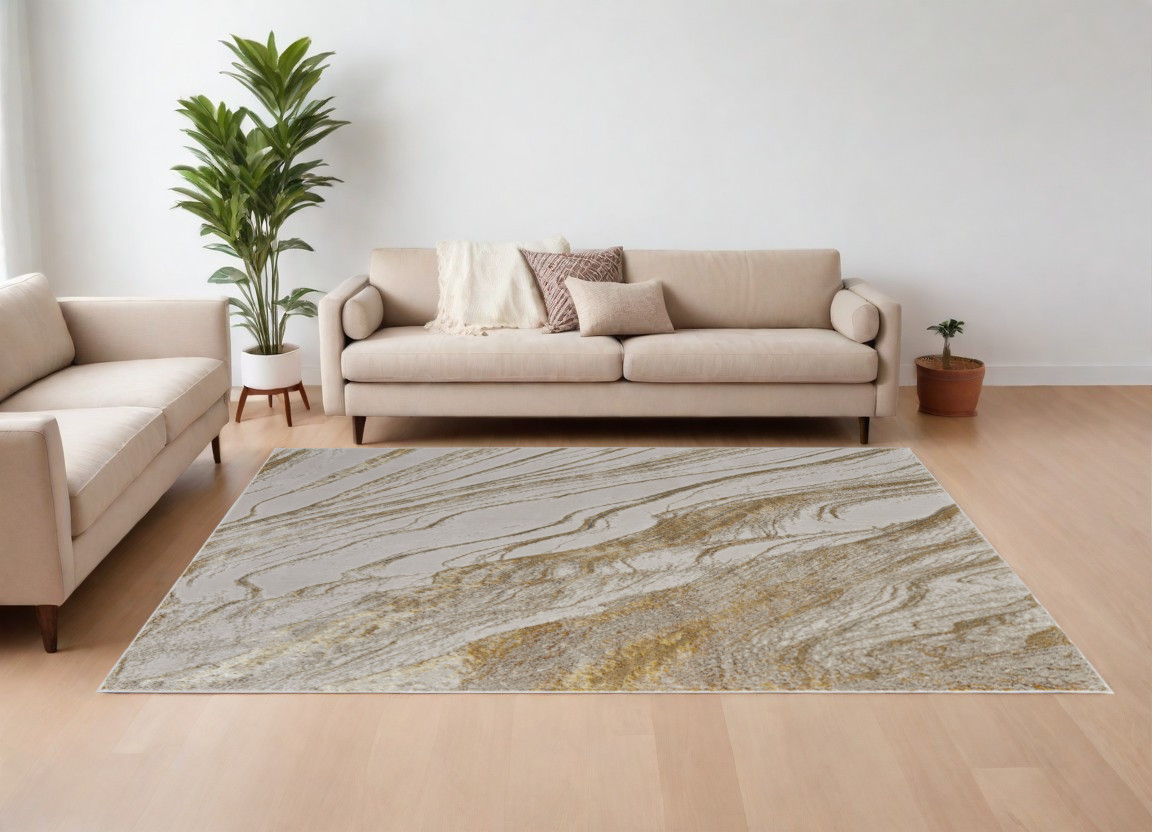 8" X 10" Ivory Brown and Gold Abstract Power Loom Area Rug