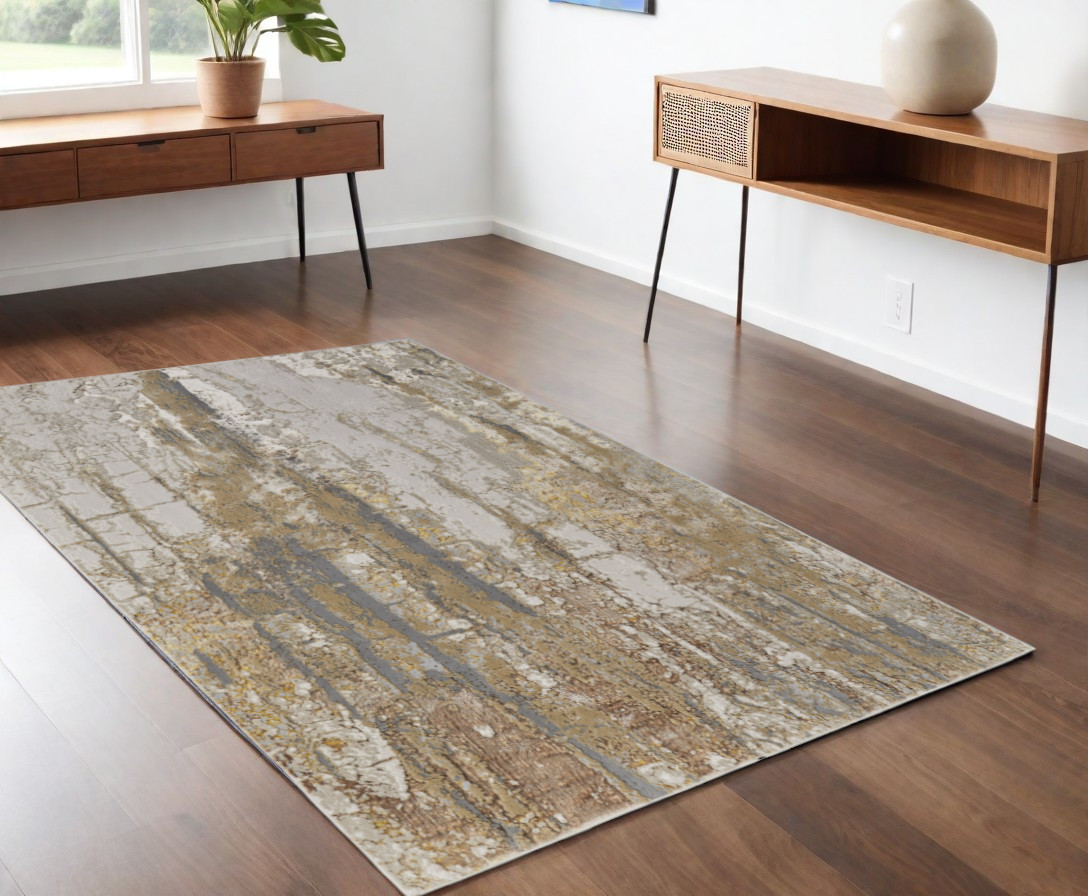 4" X 6" Ivory Gray and Brown Abstract Power Loom Area Rug