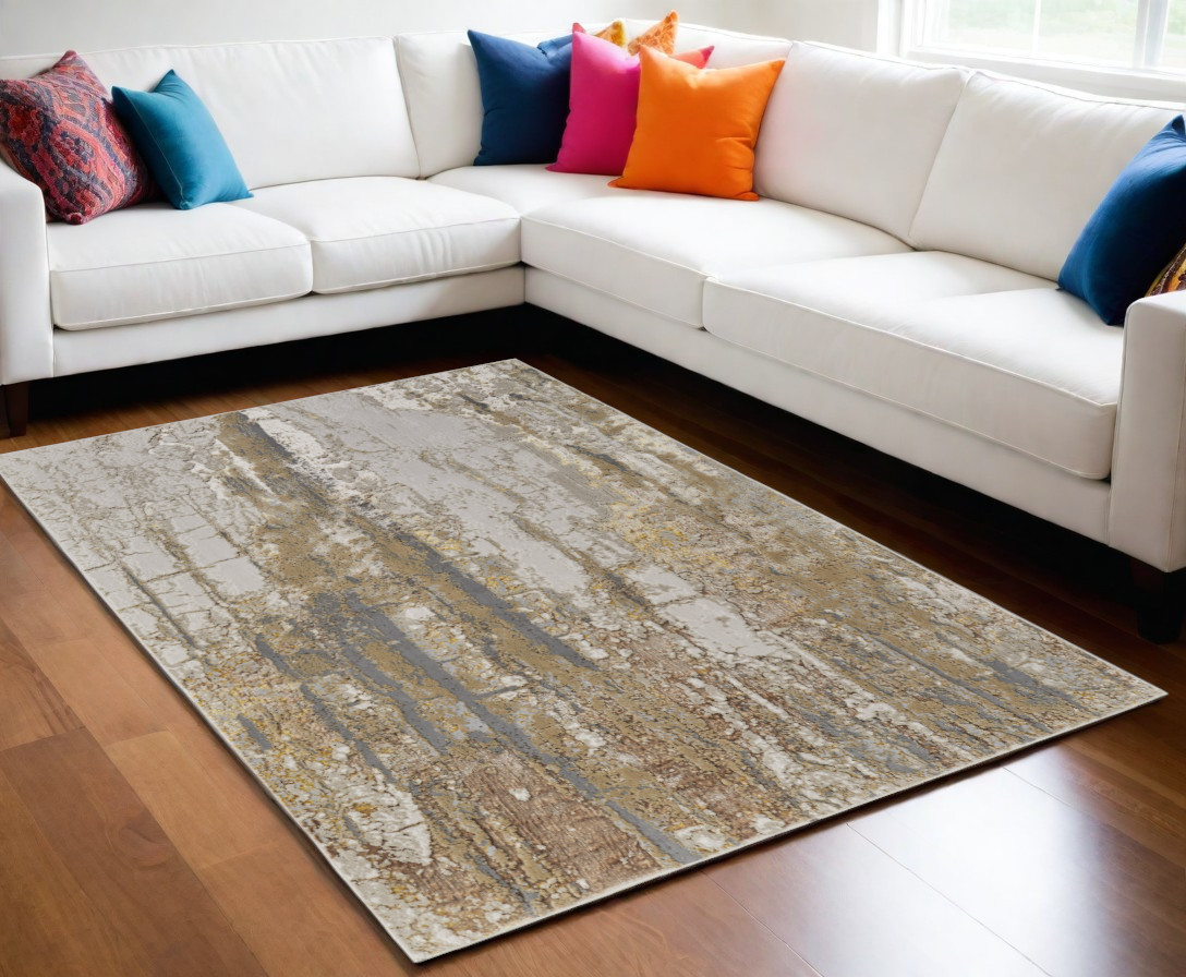 5" X 8" Ivory Gray and Brown Abstract Power Loom Area Rug