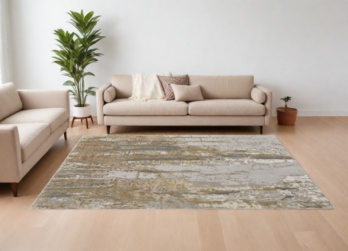 9" X 12" Ivory Gray and Brown Abstract Power Loom Area Rug