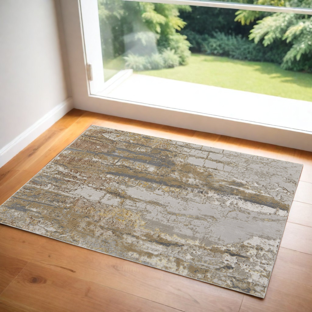 2" X 3" Ivory Gray and Brown Abstract Power Loom Area Rug