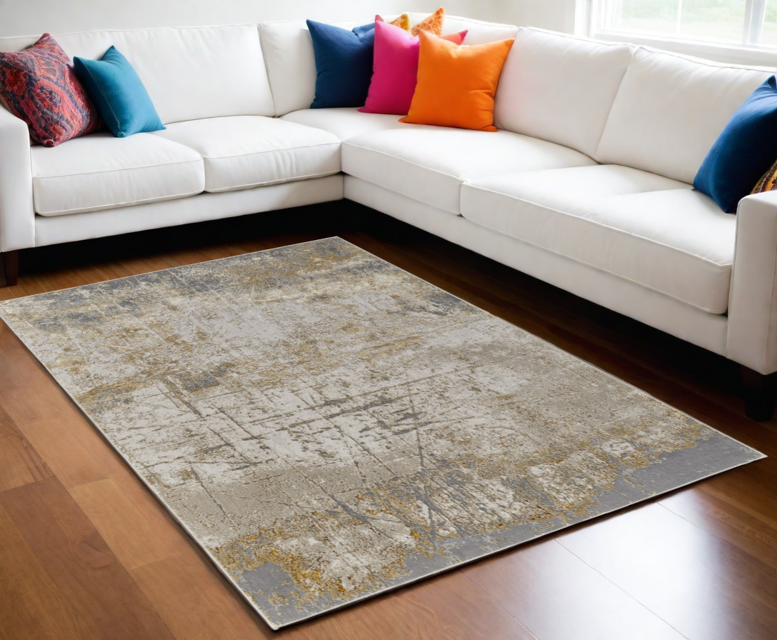 5" X 8" Ivory Gray and Brown Abstract Power Loom Worn Faded Area Rug