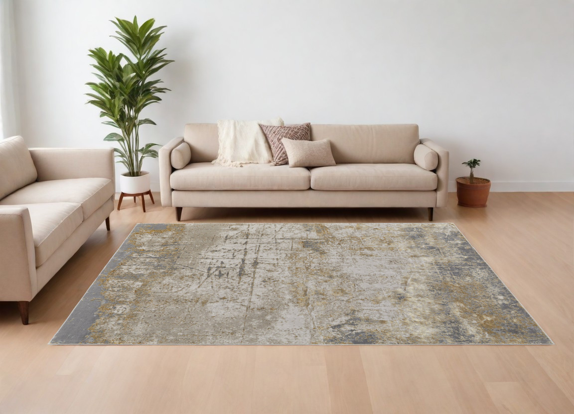 9" X 12" Ivory Gray and Brown Abstract Power Loom Worn Faded Area Rug
