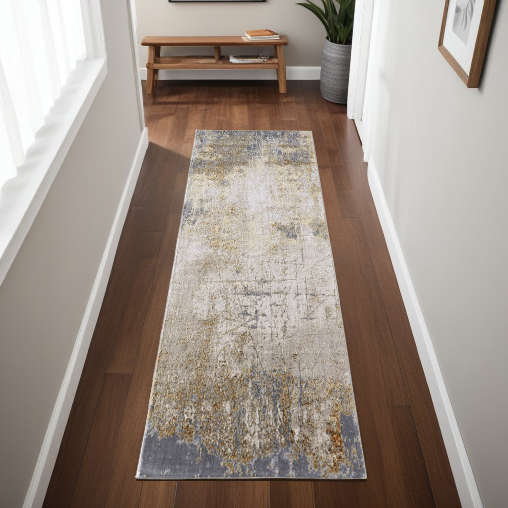 8" Ivory Gray and Brown Abstract Power Loom Worn Faded Runner Rug