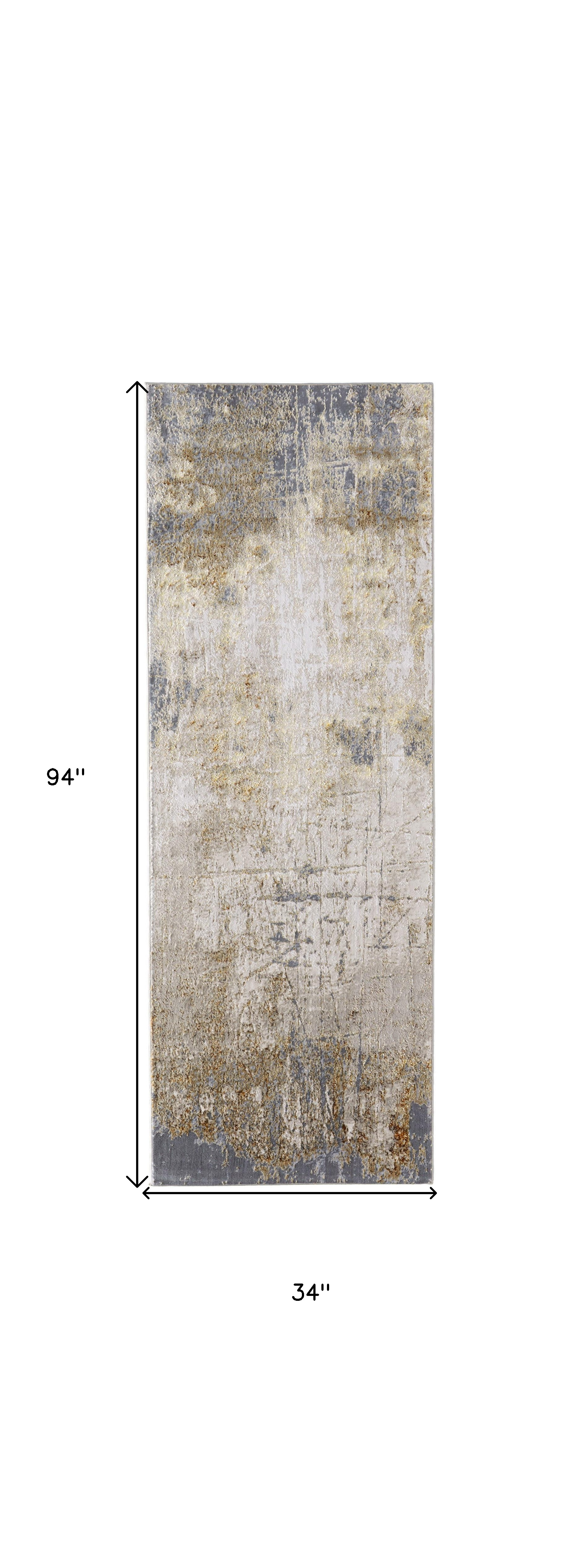 8" Ivory Gray and Brown Abstract Power Loom Worn Faded Runner Rug