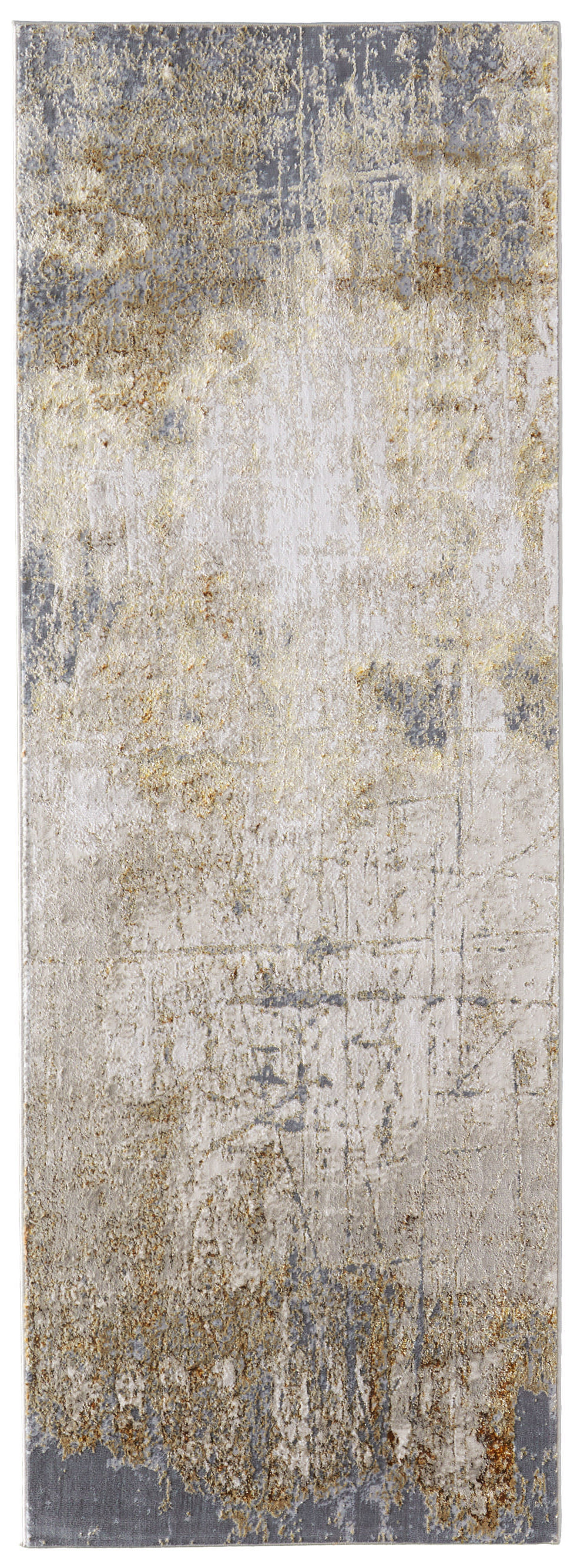 8" Ivory Gray and Brown Abstract Power Loom Worn Faded Runner Rug