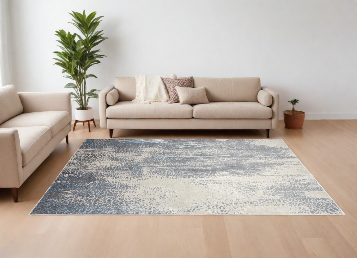 8" X 10" Ivory Gray and Blue Abstract Power Loom Area Rug