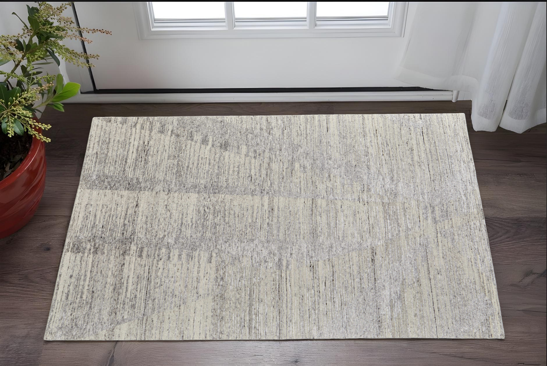 2' X 3' Ivory and Gray Abstract Hand Knotted Worn Faded Area Rug-566671-1