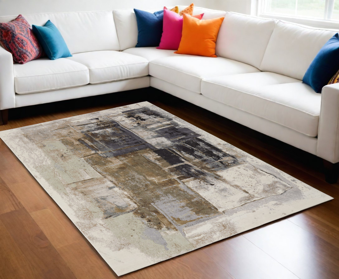 5" X 8" Gray Black and Brown Abstract Power Loom Area Rug
