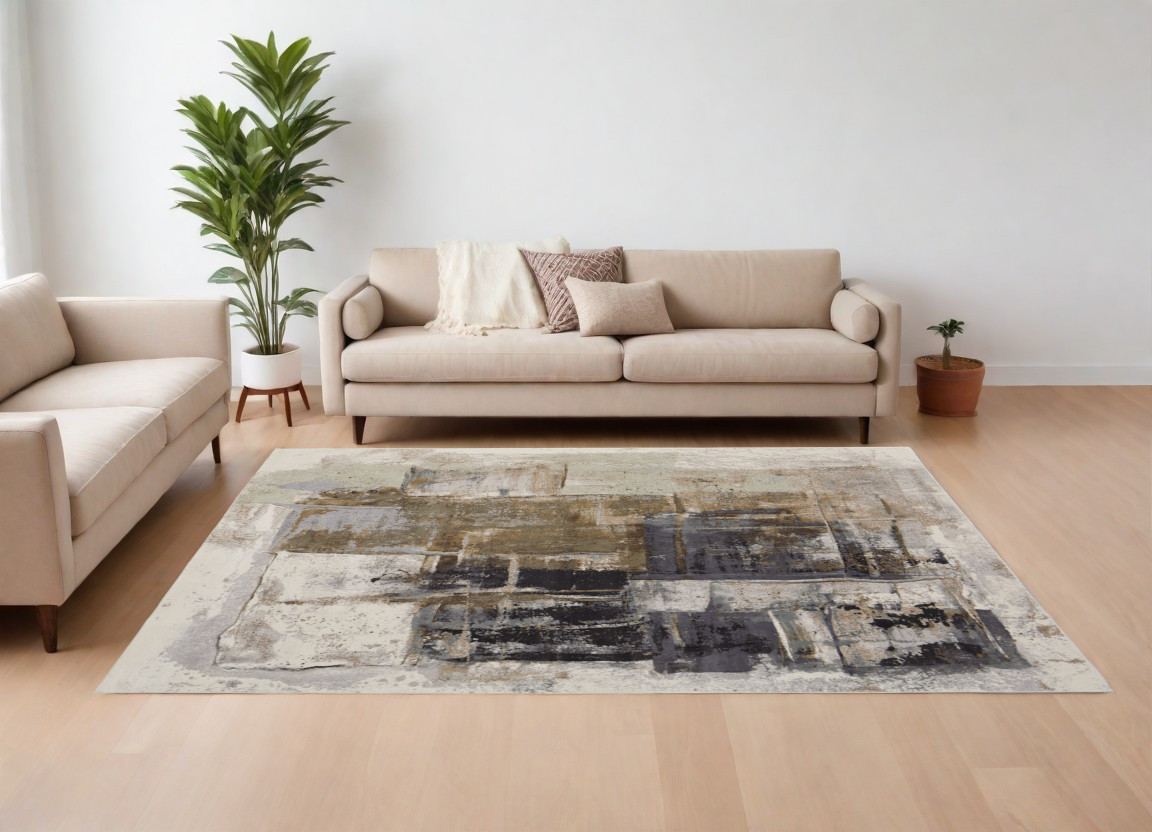 9" X 12" Gray Black and Brown Abstract Power Loom Area Rug