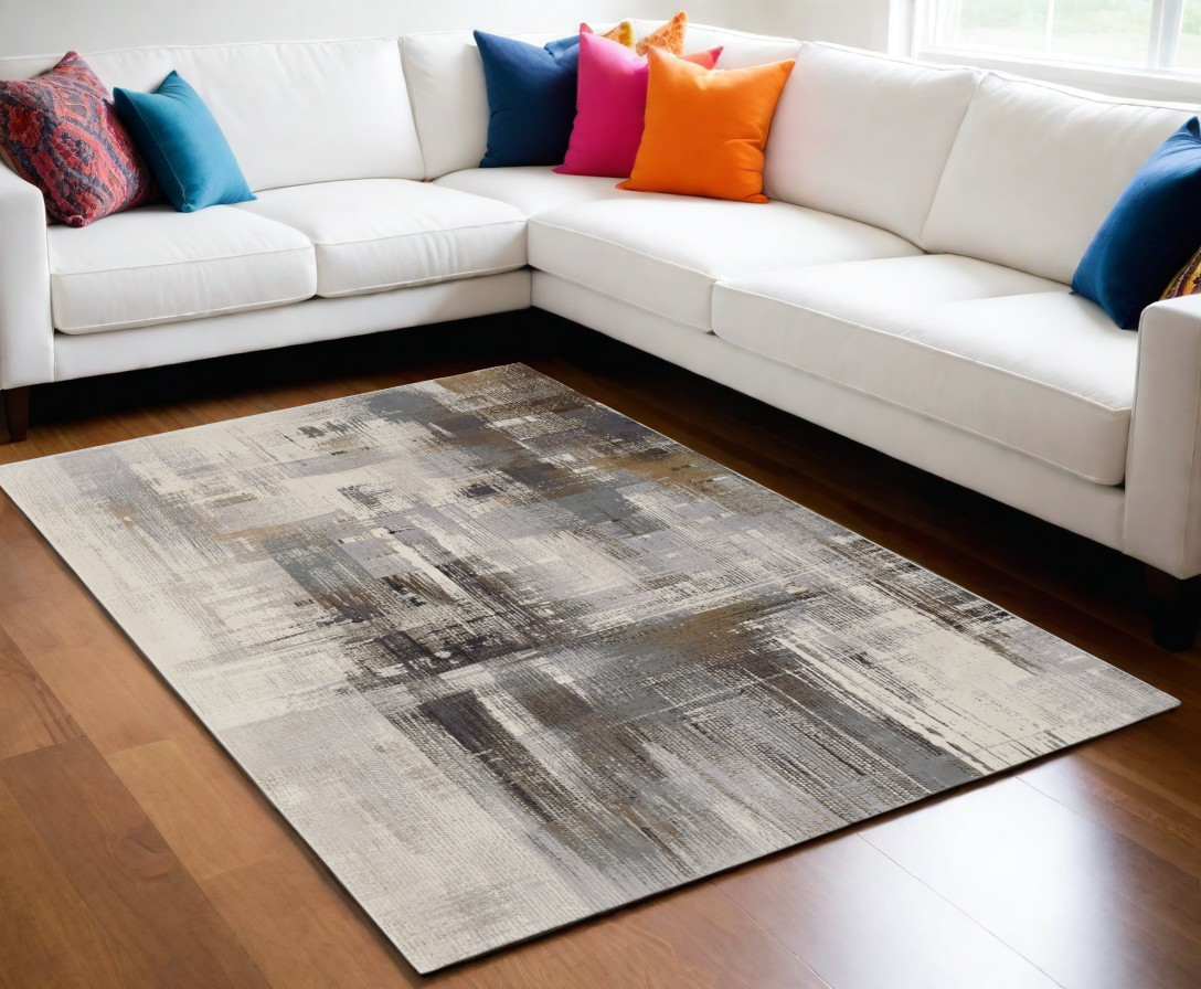 5" X 8" Ivory Gray and Brown Abstract Power Loom Area Rug