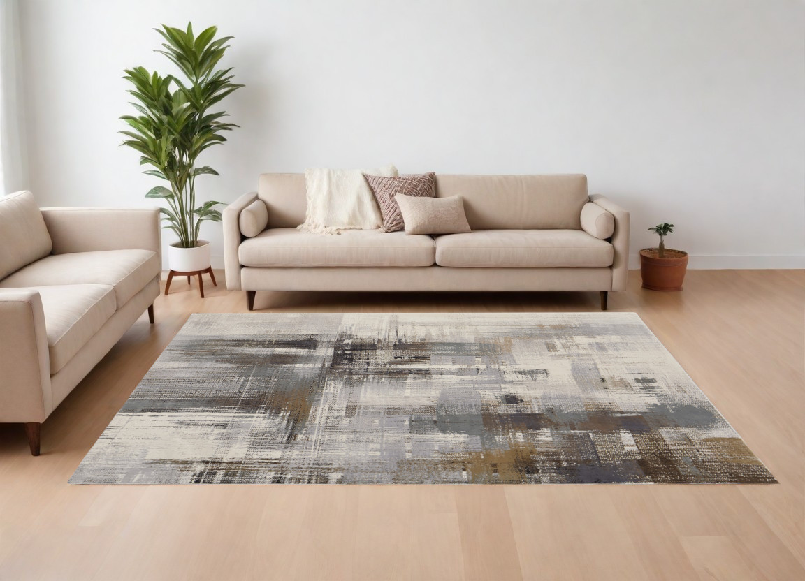10" X 13" Ivory Gray and Brown Abstract Power Loom Area Rug