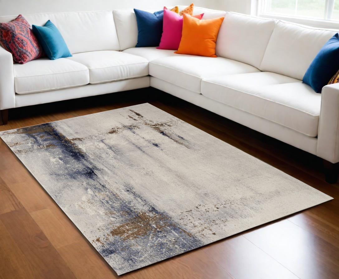 5" X 8" Ivory Blue and Brown Abstract Power Loom Area Rug