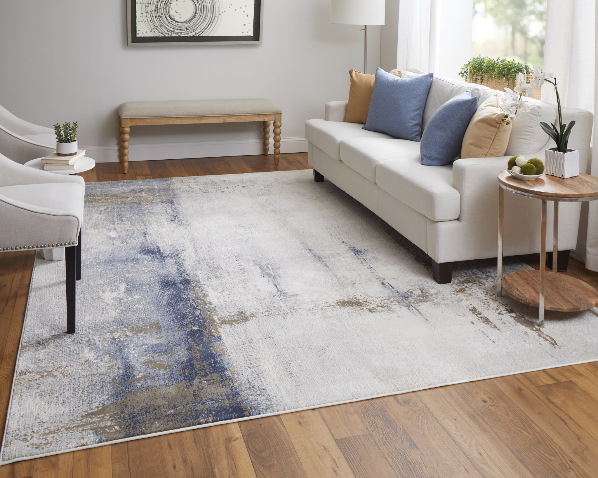 10" X 13" Ivory Blue and Brown Abstract Power Loom Area Rug
