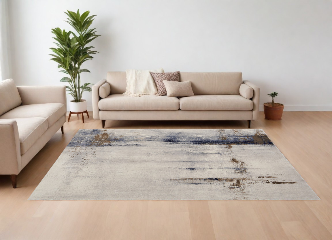 10" X 13" Ivory Blue and Brown Abstract Power Loom Area Rug
