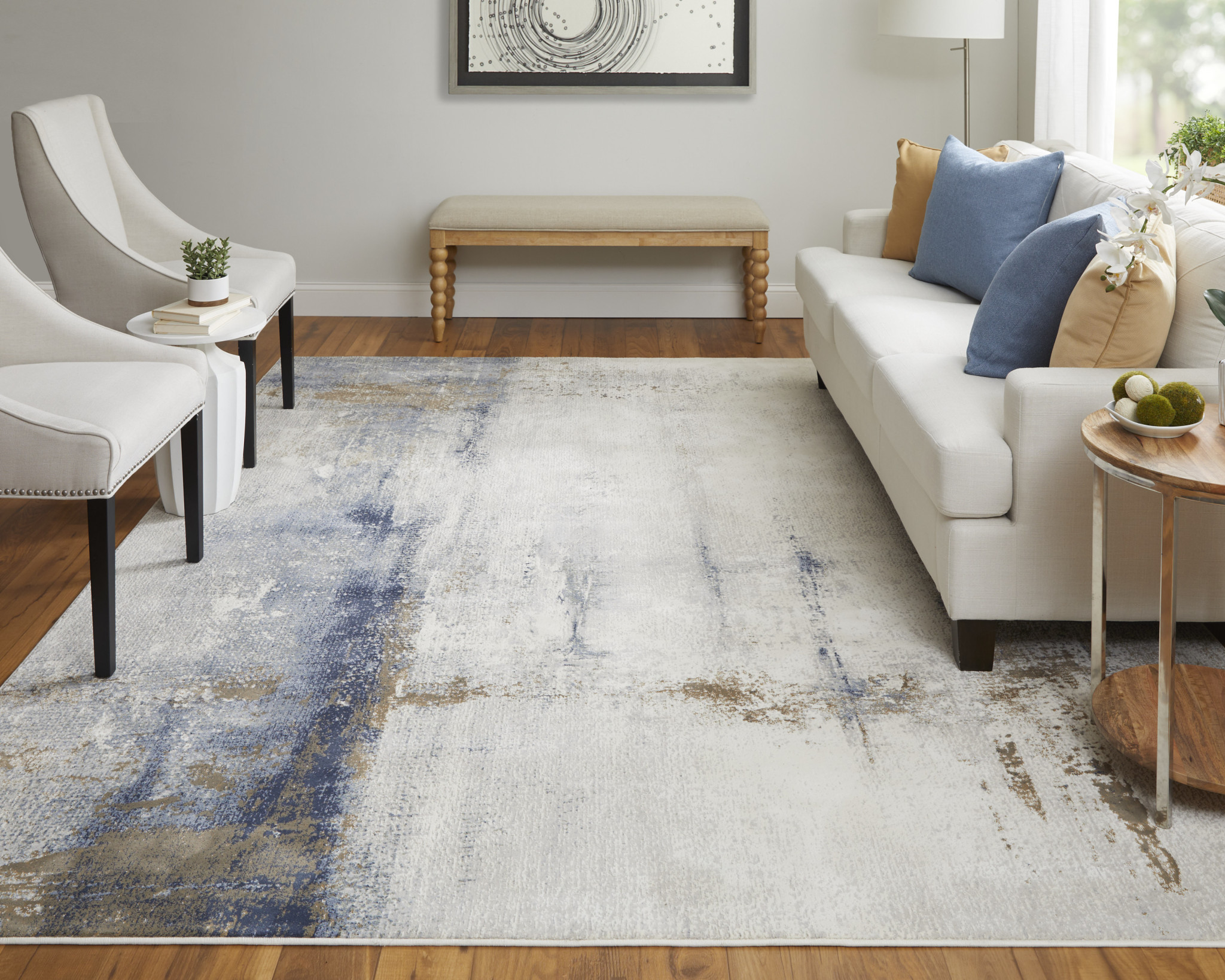 2" X 3" Ivory Blue and Brown Abstract Power Loom Area Rug