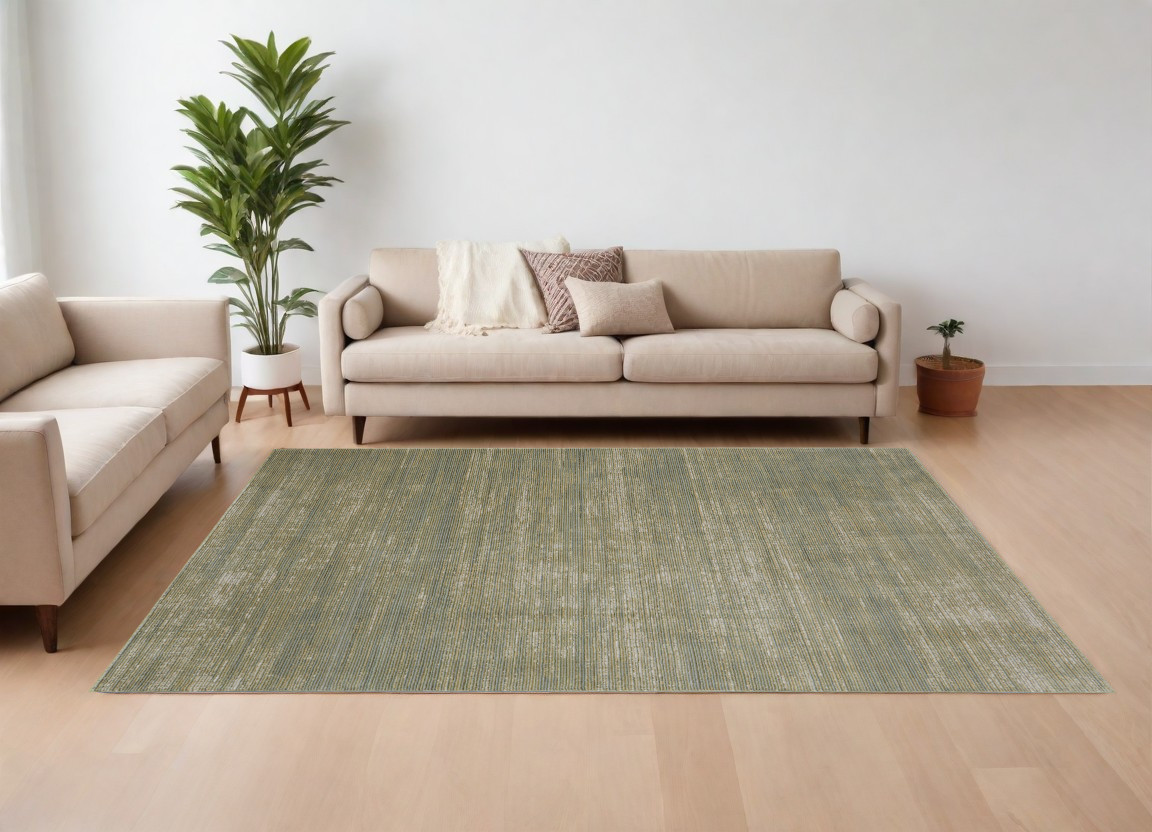 9" X 13" Tan and Green Power Loom Area Rug