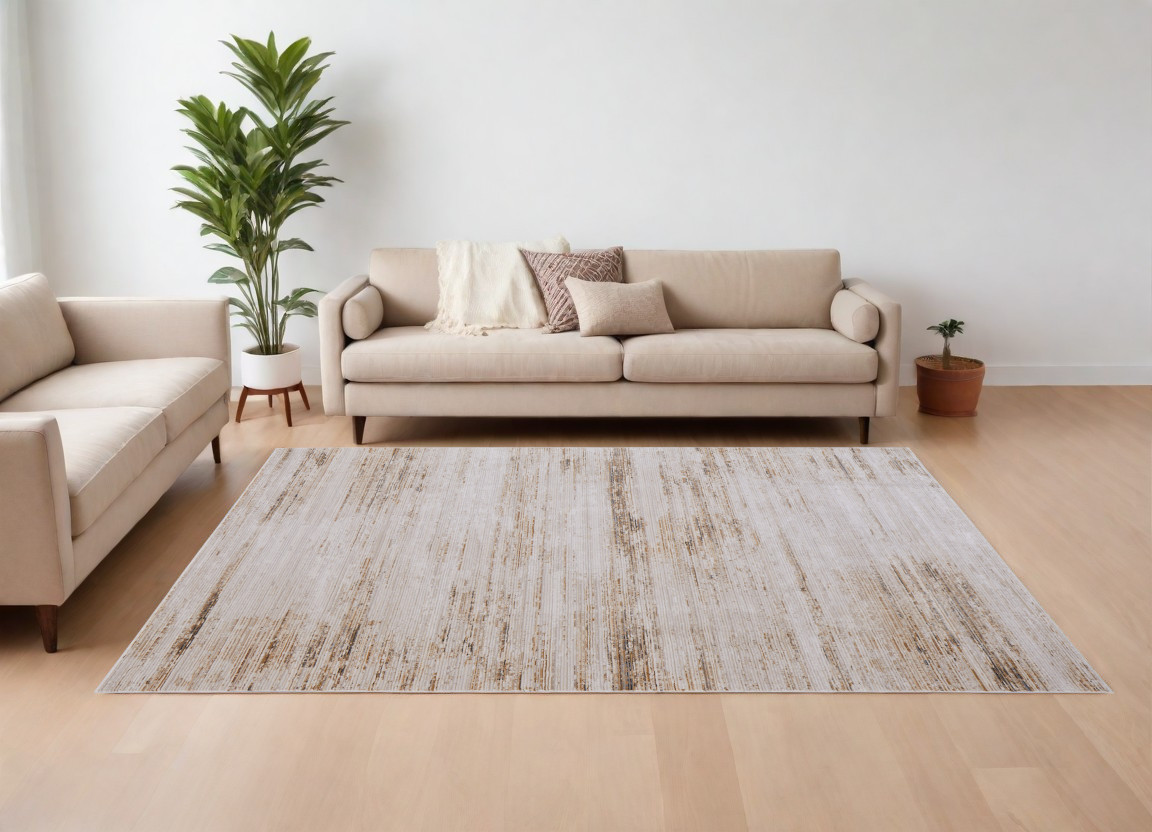 8" X 10" Ivory and Tan Abstract Power Loom Worn Faded Area Rug
