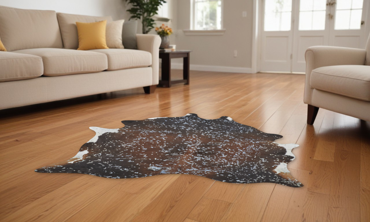 8" X 10" Brown and Silver Cowhide Animal Print Power Loom Area Rug
