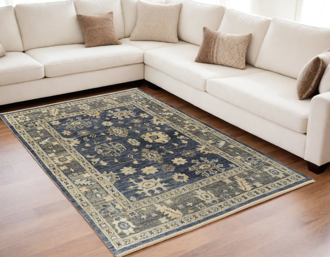 5' X 8' Blue and Gray Wool Floral Hand Knotted Area Rug With Fringe-567097-1