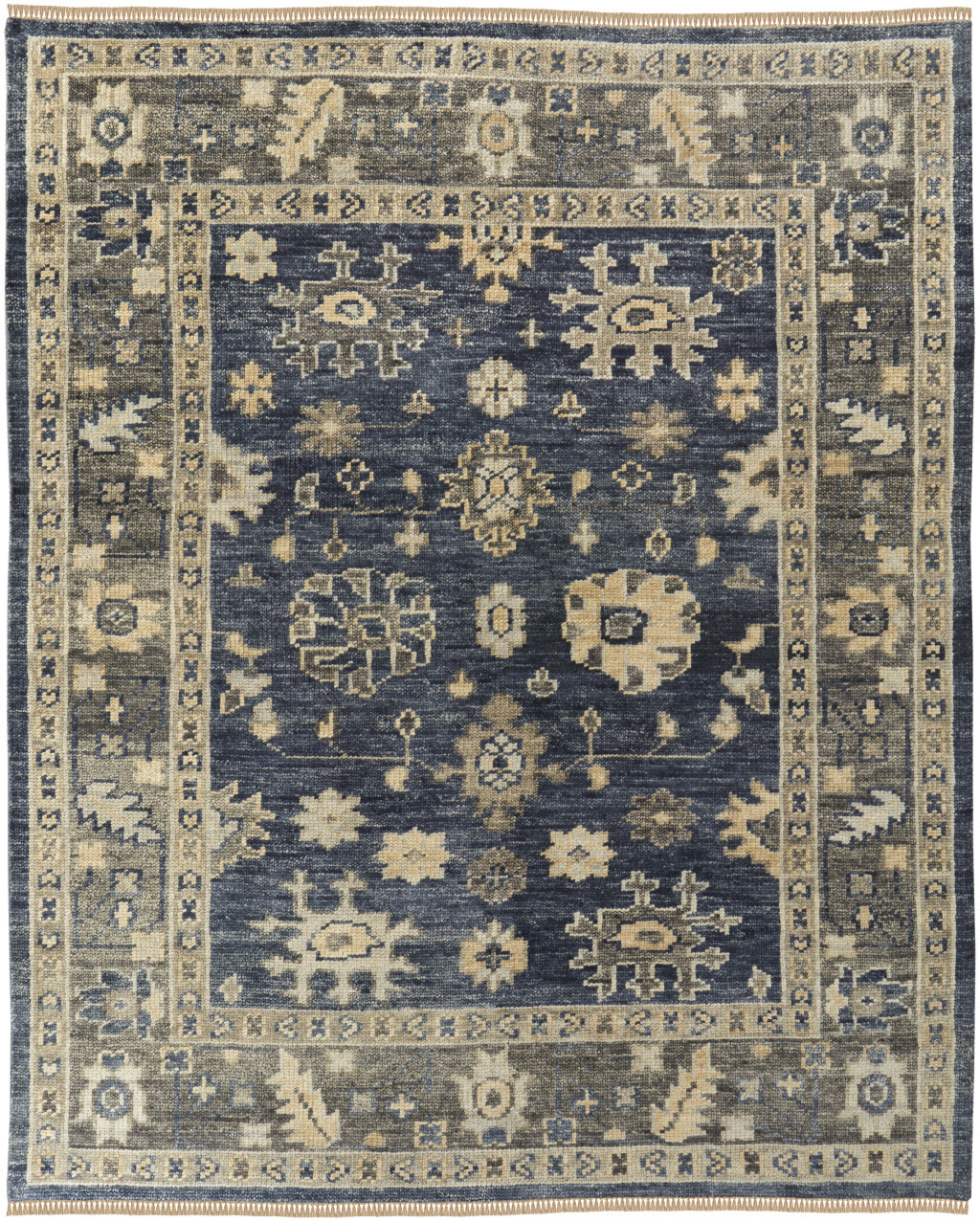 8' X 10' Blue and Gray Wool Floral Hand Knotted Area Rug With Fringe-567098-1